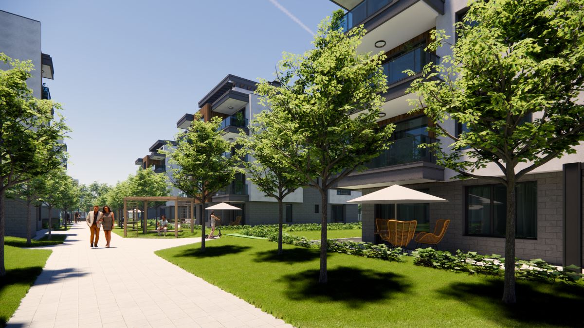 Zwei-Zimmer-Wohnung im Bau, Teil einer bewachten Anlage, mit Zentralheizung, Tiefgaragenstellplatz-0 Тристаен апартамент в строеж, част от затворен комплекс, с ТЕЦ, подземно паркомясто - 0